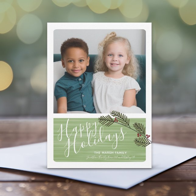 Cartes Pour Fêtes Annuelles Photo avec Branches Whimsical et Script moderne (1 Photo Christmas Card with Whimsical Pine Branch Design - Print or Instant Download)
