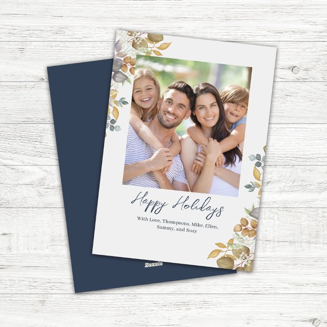 Cartes Pour Fêtes Annuelles Photo Bleue Marine Joyeuses Vacances Verdure (Navy blue greenery and foliage custom photo Christmas Card)