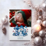 Cartes Pour Fêtes Annuelles Photo Blue Snowman Premier Noël<br><div class="desc">Célébrez la première saison de vacances de votre petit avec ce design hivernal gai avec un numéro de plaid bleu, un bonhomme de neige adorable, des sucres de canne et des cadeaux épars. Customisez-le avec la photo et les détails de naissance de votre bébé pour créer un souvenir qui apporte...</div>