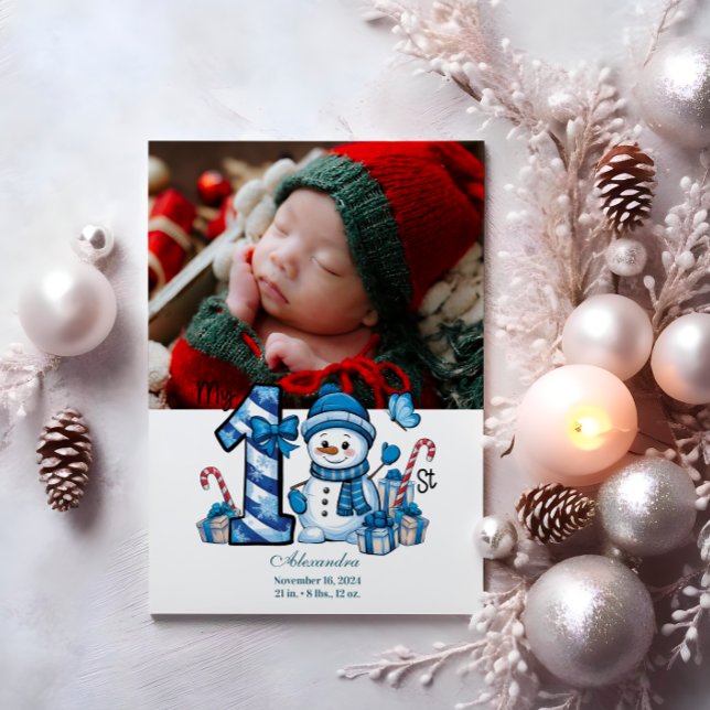 Cartes Pour Fêtes Annuelles Photo Blue Snowman Premier Noël (Créateur téléchargé)