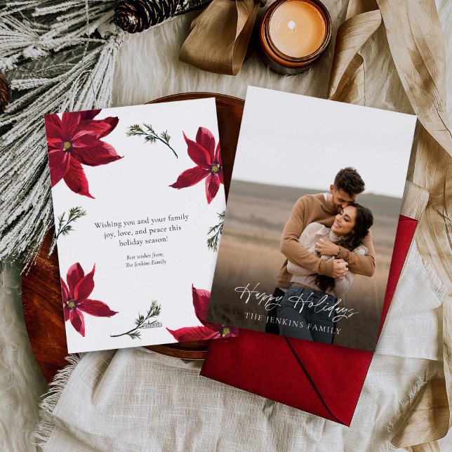 Cartes Pour Fêtes Annuelles Photo botanique élégante (Elegant Poinsettia Photo Holiday Card)