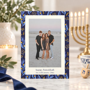 Cartes Pour Fêtes Annuelles Photo botanique moderne boho bleu jaune Hanukkah