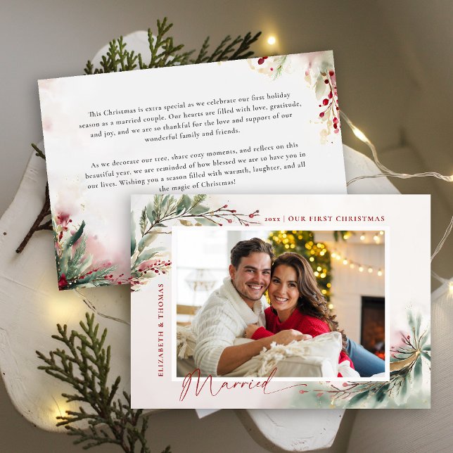 Cartes Pour Fêtes Annuelles Photo botanique rouge d'hiver Premier Noël Marié (first christmas married romantic holiday christmas photo card watercolor winter greenery botanical)