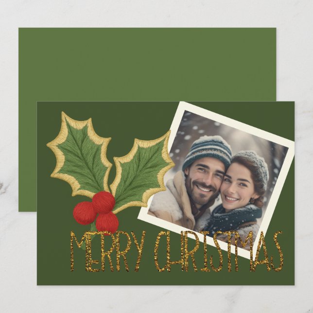 Cartes Pour Fêtes Annuelles Photo Broderie de Noël Baies de Houx (Devant / Derrière)
