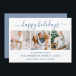 Cartes Pour Fêtes Annuelles Photo Calligraphy Dusty Blue 3 moderne<br><div class="desc">3 Photo Family Photo Collage Happy Holidays Card</div>