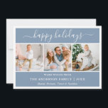 Cartes Pour Fêtes Annuelles Photo Calligraphy Script Dusty Blue 3<br><div class="desc">Calligraphie moderne tendance Script 3 Photo Famille Photo Collage Joyeuse Carte de Noël - Dusty Blue</div>