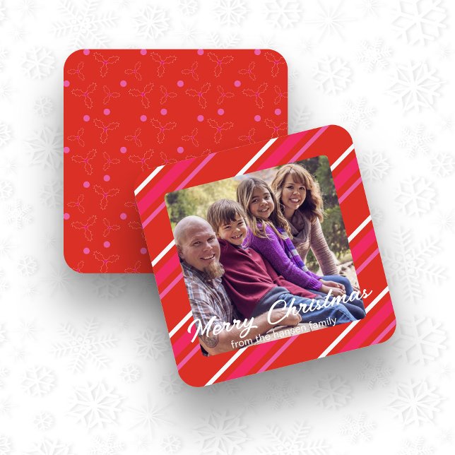 Cartes Pour Fêtes Annuelles Photo Carré de Noël Rouge et Rose Holly (Red & Pink Holly Christmas Photo Square Card)