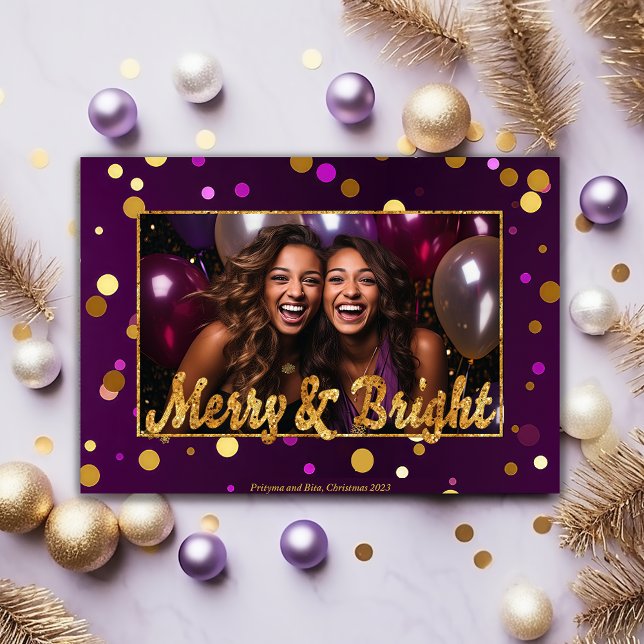 Cartes Pour Fêtes Annuelles Photo chic et festive violet et or Confetti (Festive Purple Gold Greeting, Personalized Holiday Photo Card, Elegant Christmas Stationery Luxury, )