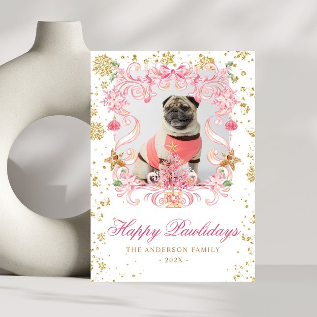 Cartes Pour Fêtes Annuelles Photo Chien Joyeux Pawlidays Pink Bow Christmas Cr (Créateur téléchargé)