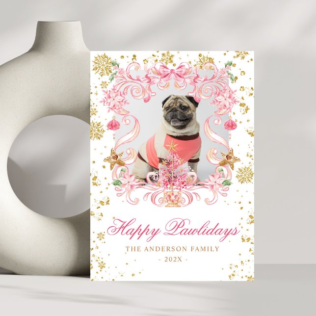 Cartes Pour Fêtes Annuelles Photo Chien Joyeux Pawlidays Pink Bow Christmas Cr (Créateur téléchargé)