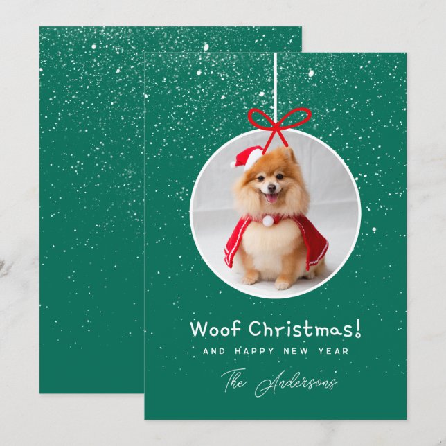 Cartes Pour Fêtes Annuelles Photo Chien Neige Vert Woof Noël (Devant / Derrière)