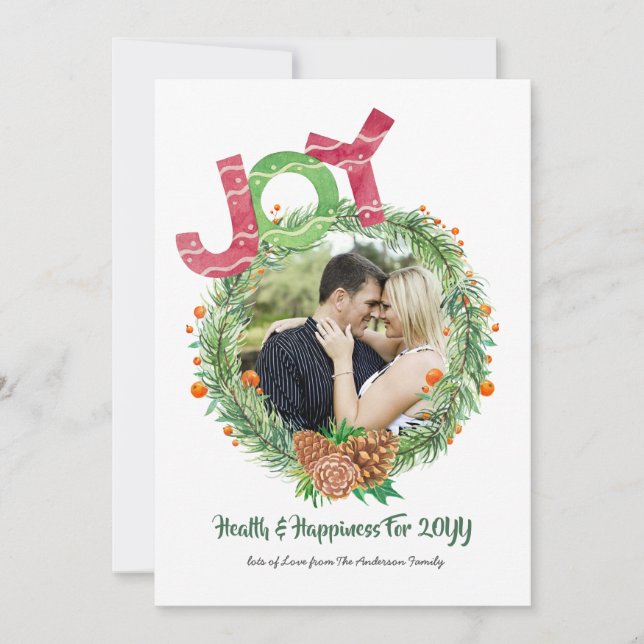 Cartes Pour Fêtes Annuelles PHOTO Christmas New Years JOY WREATH Personalized (Devant)
