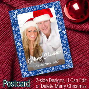 Cartes Pour Fêtes Annuelles Photo Christmas Snowflake Élégant Script Bleu