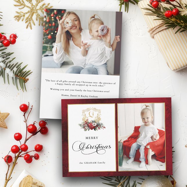 Cartes Pour Fêtes Annuelles Photo classique de Noël Floral Crest (Créateur téléchargé)