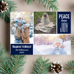 Cartes Pour Fêtes Annuelles Photo Collage Blue Christmas Peace Love Joy<br><div class="desc">This sont modernes : "Happiest Holidays", cartes de fonctionnement 3 photos, the words "Peace Love Joy" and customized text on the front and back. You can easily change the background color to match your holiday photos - just click on customize and then the small eye dropper. Moderne et simple yet...</div>