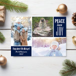 Cartes Pour Fêtes Annuelles Photo Collage Blue Christmas Peace Love Joy<br><div class="desc">This sont modernes : "Happiest Holidays", cartes de fonctionnement 3 photos, the words "Peace Love Joy" and customized text on the front and back. You can easily change the background color to match your holiday photos - just click on customize and then the small eye dropper. Moderne et simple yet...</div>