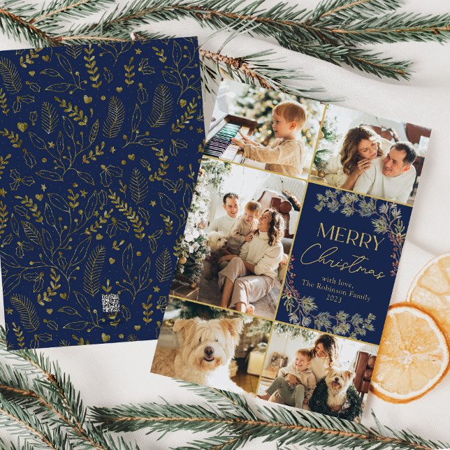 Cartes Pour Fêtes Annuelles Photo Collage Blue Gold Merry Card (Créateur téléchargé)