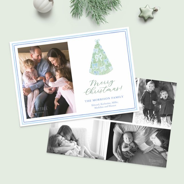 Cartes Pour Fêtes Annuelles Photo Collage de l'arbre de Noël des vaches modern (Modern watercolor Christmas tree with blue bows happy holidays photo collage merry christmas card)
