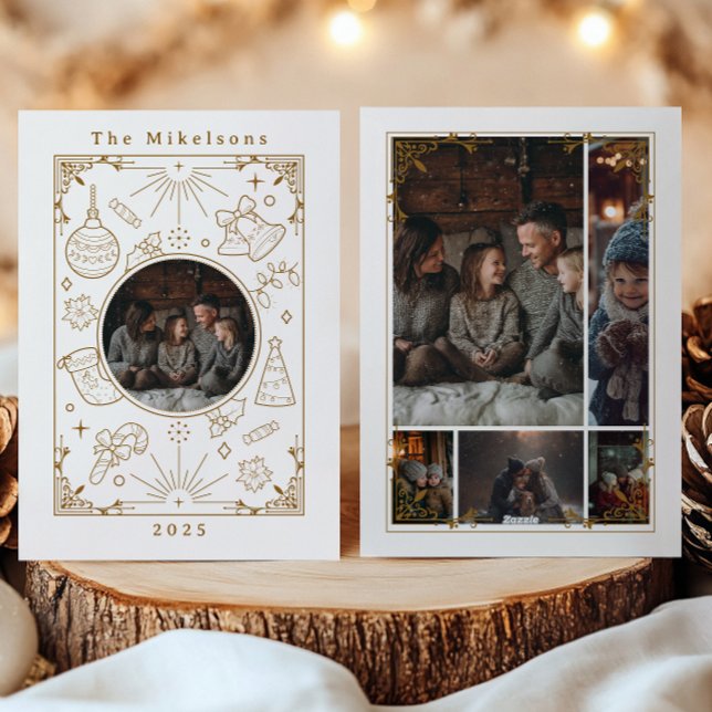 Cartes Pour Fêtes Annuelles Photo Collage Elegant Gold Line Art Christmas (Créateur téléchargé)