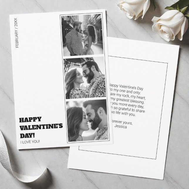 Cartes Pour Fêtes Annuelles Photo Collage moderne Valentin noir et blanc (Love Valentines Day Black and White Photo Collage Holiday Card)