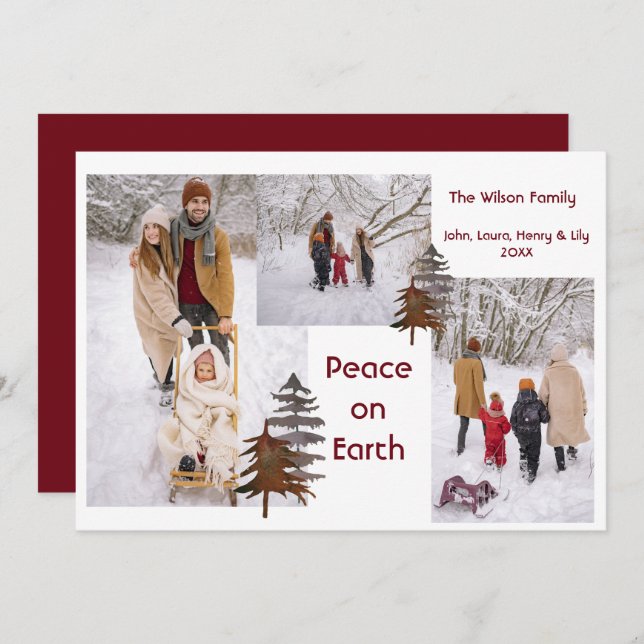 Cartes Pour Fêtes Annuelles Photo Collage Neige rustique en plein air Paix sur (Devant / Derrière)