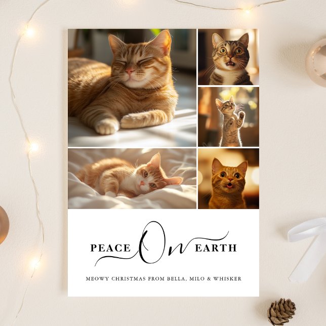 Cartes Pour Fêtes Annuelles Photo Collage Peace On Earth Meowy Christmas Chat (Créateur téléchargé)