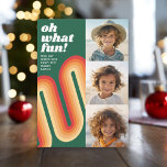 Cartes Pour Fêtes Annuelles Photo Collage - Retro Stripes Curve - Oh What Fun<br><div class="desc">Les tons verts et rouges en font une carte photo de Noël funky et rétro — quelque chose qui est différent et tient notre place du reste - Un salut de vacances avec un script vintage. Vous pouvez choisir trois de vos photos préférées pour en faire un accueil très moderne...</div>