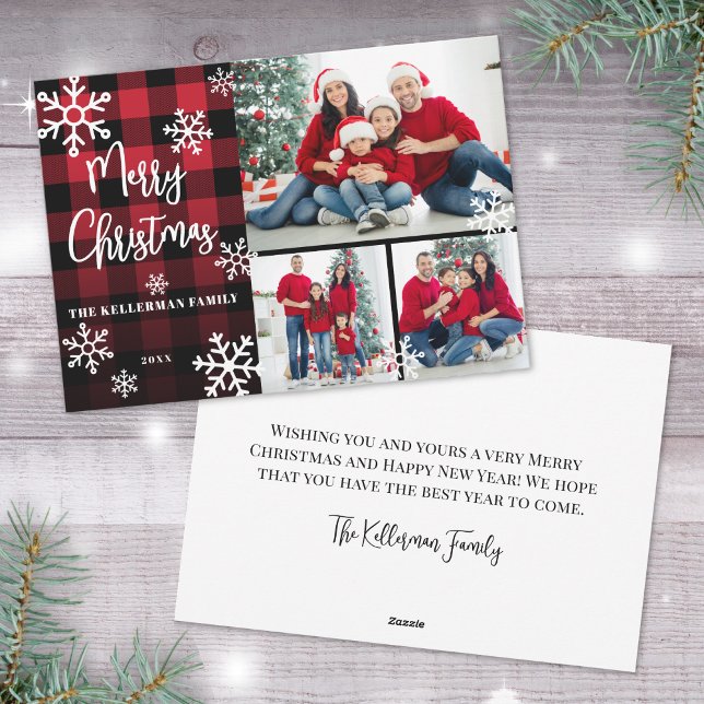 Cartes Pour Fêtes Annuelles Photo Collage Rouge Joyeux Noël (Photo Collage Red Plaid Merry Christmas Holiday Card)