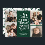 Cartes Pour Fêtes Annuelles Photo Collage Thrill Of Hope Photo Christmas Green<br><div class="desc">Cette carte photo de Noël élégante présente la typographie moderne "Une sensation d'espoir ; le monde fatigué" en blanc sur un arrière - plan vert de forêt - quatre modèles photo! Le dos contient un motif assorti de sprigs de baies, de pinces et de feuilles en vert. Pour toute demande...</div>