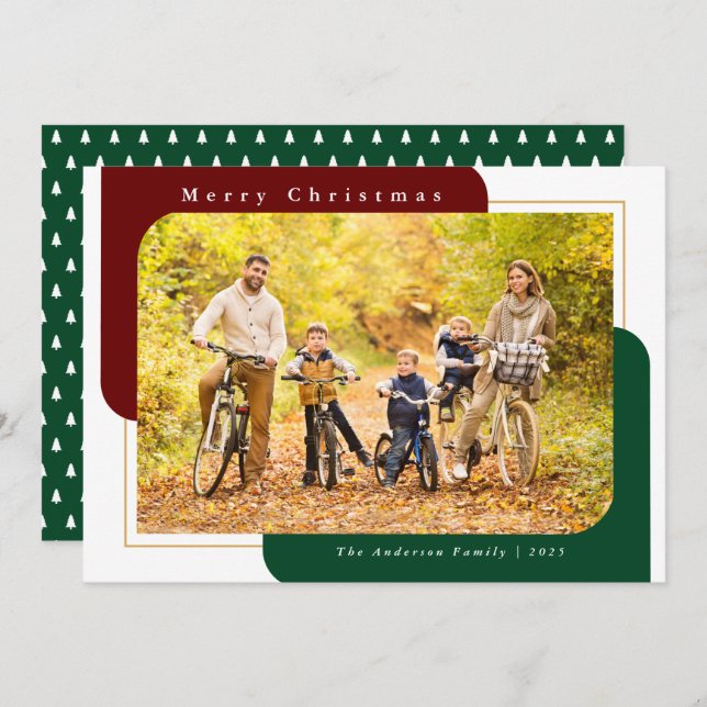 Cartes Pour Fêtes Annuelles Photo courbe moderne Noël rouge et vert (Devant / Derrière)