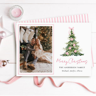 Cartes Pour Fêtes Annuelles Photo d'arbre de Noël à ruban rose aquarelle