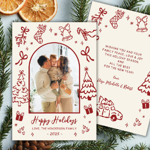 Cartes Pour Fêtes Annuelles Photo d'arche dessinée à la main Rouge Beige Noël