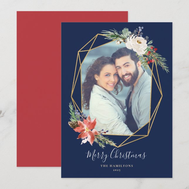 Cartes Pour Fêtes Annuelles Photo de botanique de Noël géométrique bleu (Devant / Derrière)