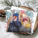 Cartes Pour Fêtes Annuelles Photo de cadre d'arc de verdure d'hiver<br><div class="desc">Carte postale de vacances moderne avec cadre en arc,  votre photo préférée,  la verdure d'hiver de pinecone pin citrus et feuillage. Together & Merry en calligraphie script et nom de famille message personnalisé en écriture serif classique.</div>