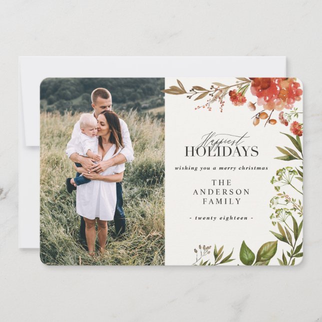 Cartes Pour Fêtes Annuelles Photo de cerf de feuillage d'aquarelle Noël (Devant)