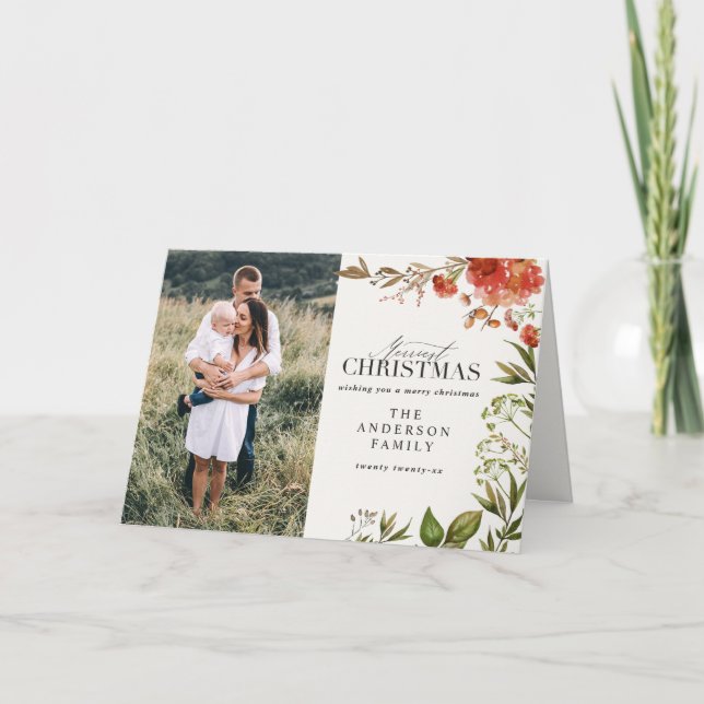 Cartes Pour Fêtes Annuelles Photo de cerf feuillage rustique de Noël rouge et  (Devant)