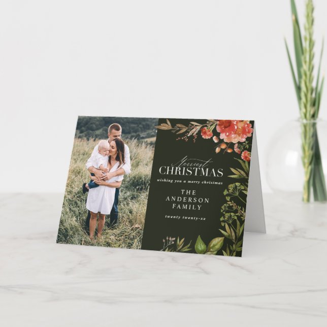 Cartes Pour Fêtes Annuelles Photo de cerf feuillage rustique de Noël rouge et  (Devant)