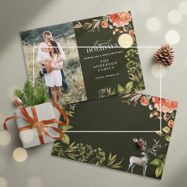 Cartes Pour Fêtes Annuelles Photo de cerf feuillage rustique de Noël rouge et  (Créateur téléchargé)