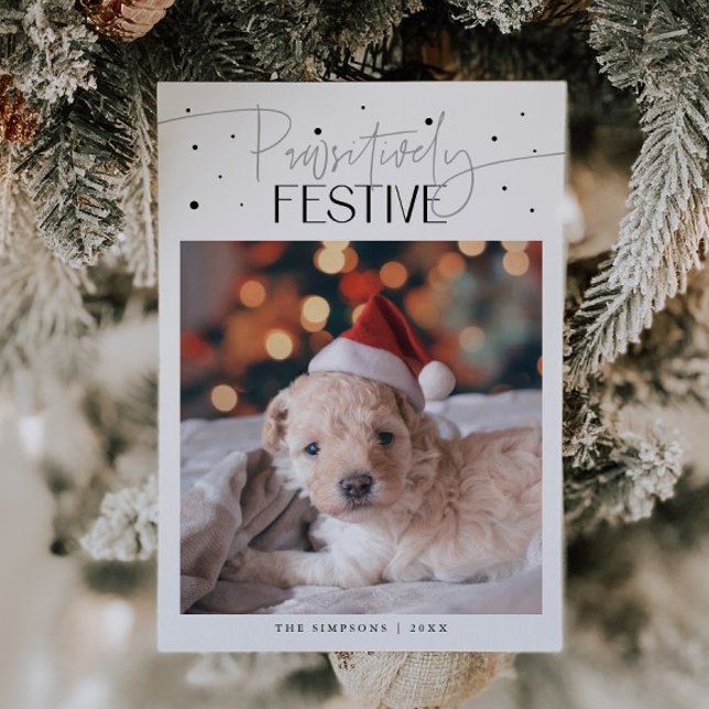 Cartes Pour Fêtes Annuelles Photo de chien festif Pawsitively Noël sur fond bl (Créateur téléchargé)