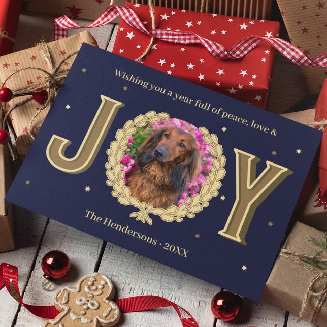Cartes Pour Fêtes Annuelles Photo de chien personnalisée Blue Gold Joie Noël (Personalized Dog Photo Blue Gold Joy Christmas Holiday Card
)