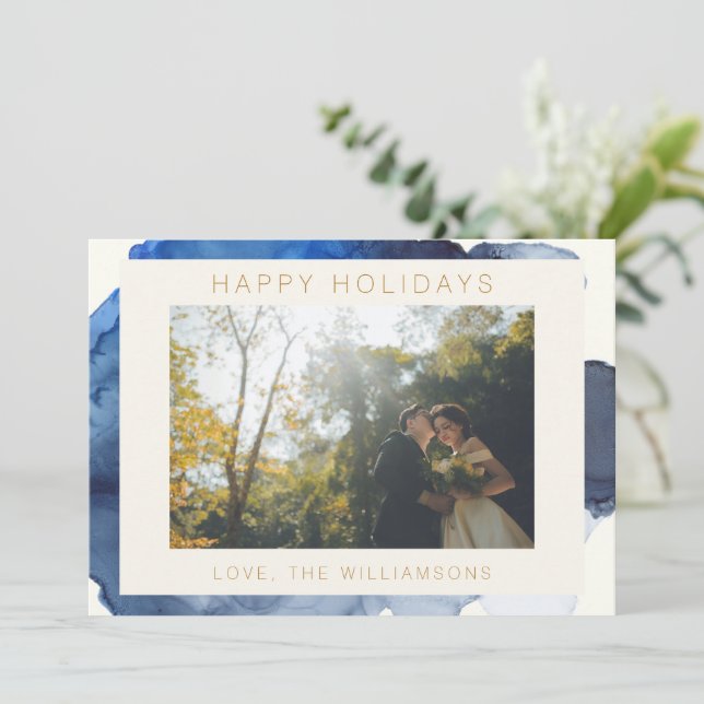 Cartes Pour Fêtes Annuelles Photo de couple à l'aquarelle abstraite indigo élé (Debout devant)