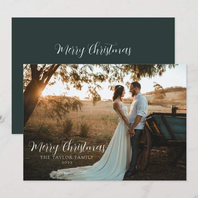 Cartes Pour Fêtes Annuelles Photo de couple de Noël vert stylé boho moderne (Devant / Derrière)