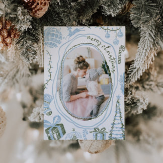 Cartes Pour Fêtes Annuelles Photo de famille à l'aquarelle de Noël bleu vintag