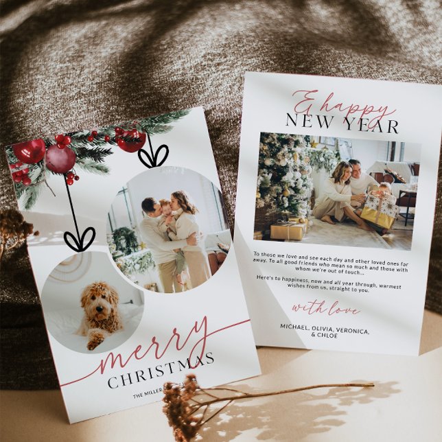 Cartes Pour Fêtes Annuelles Photo de famille à l'aquarelle rustique avec verdu (Rustic Watercolor Ornament Family Photo Christmas Card)