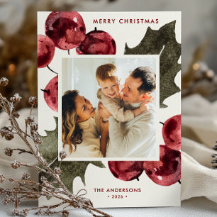 Cartes Pour Fêtes Annuelles Photo de famille au houx à l'aquarelle Joyeux Noël