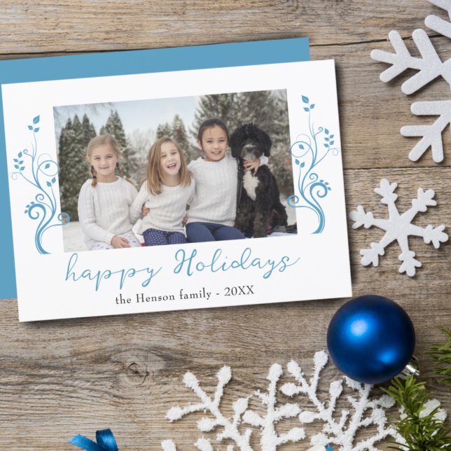 Cartes Pour Fêtes Annuelles Photo de famille Blue Foliage Noël Joyeux (Créateur téléchargé)