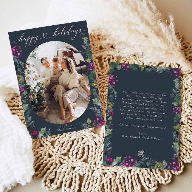 Cartes Pour Fêtes Annuelles Photo de famille Boho Blue & Pink Oval (Créateur téléchargé)