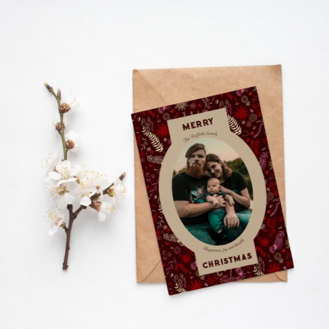 Cartes Pour Fêtes Annuelles Photo de famille dans un doodle fleuri marron (Créateur téléchargé)