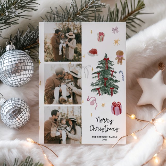 Cartes Pour Fêtes Annuelles Photo de famille de l'aquarelle gélosée (Family Photo Christmas Card)