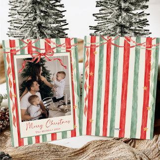 Cartes Pour Fêtes Annuelles Photo de famille de Noël avec un nœud rayé vintage